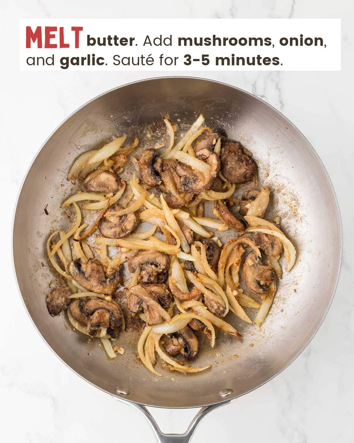 Mushrooms, onions, and garlic in butter in a skillet.