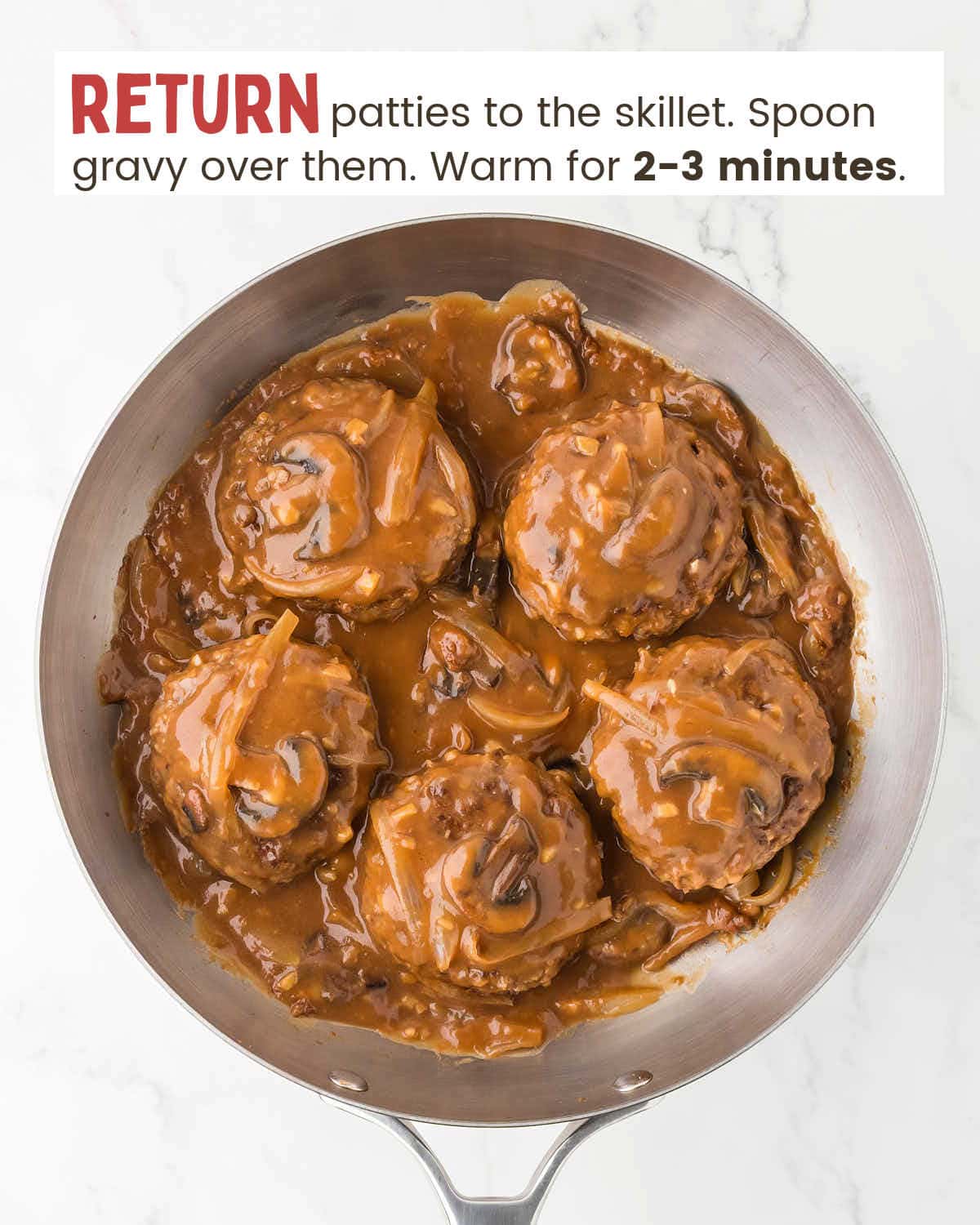Salisbury steak in a skillet.