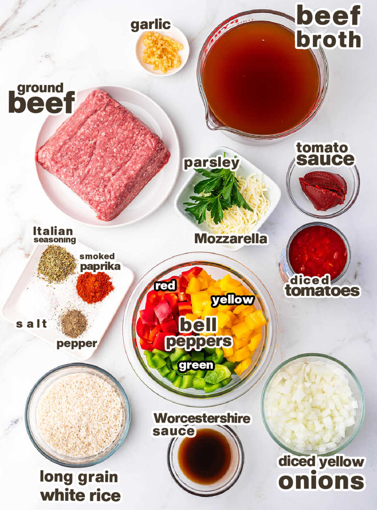 Ingredients needed to make a Stuffed Pepper Soup in the Crockpot. 