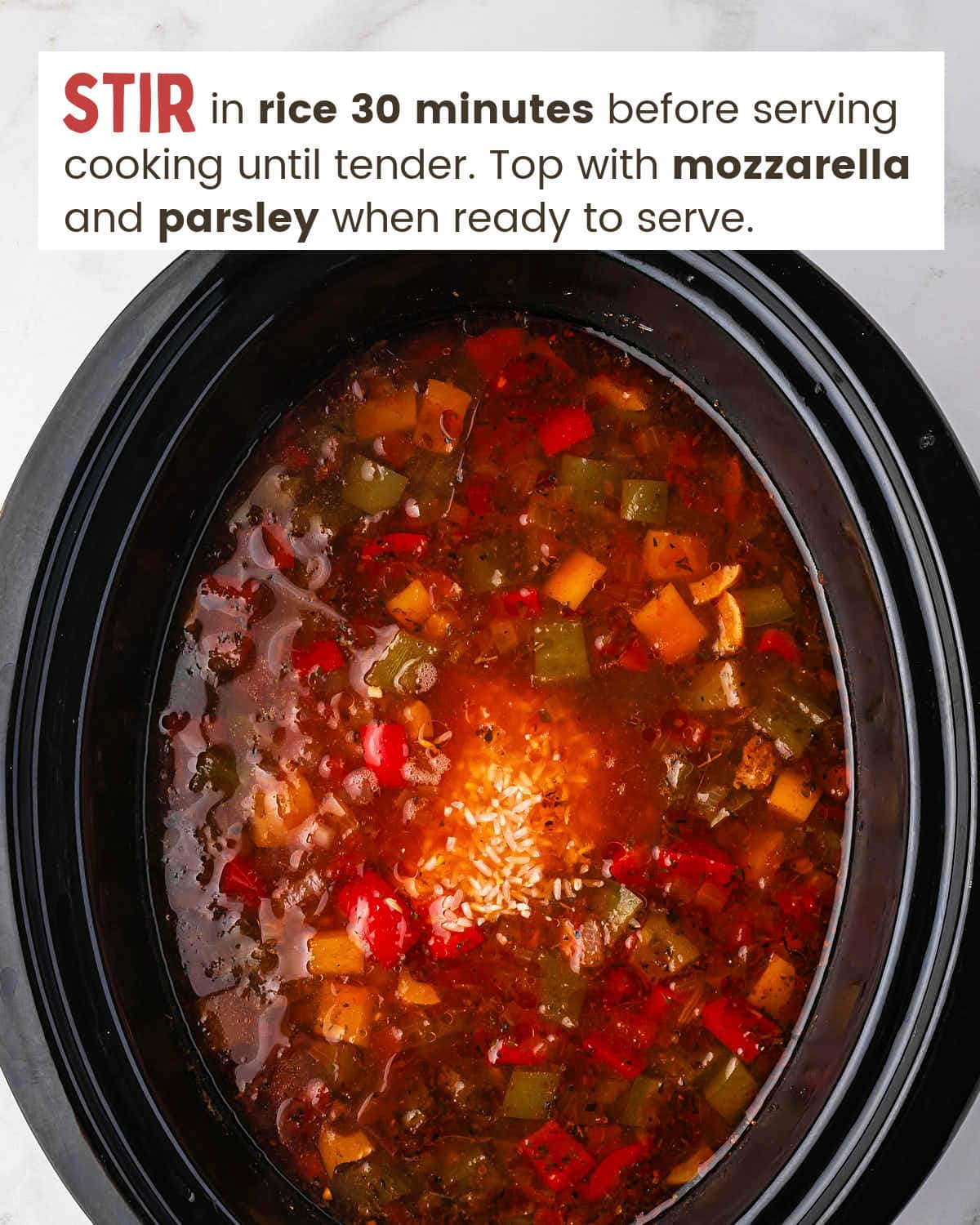 Stuffed pepper soup in a slow cooker.