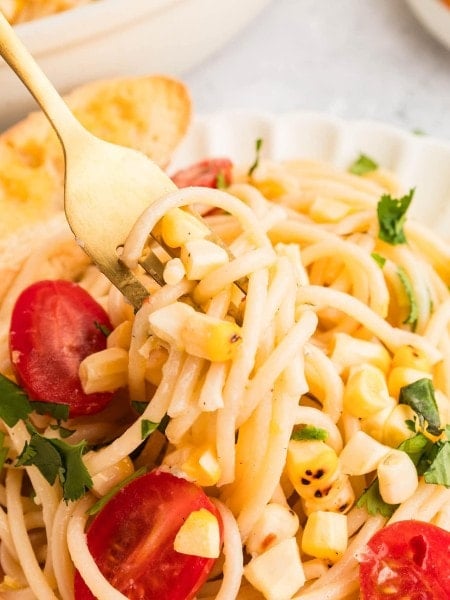 Closeup of a forkful of Summer Pasta.