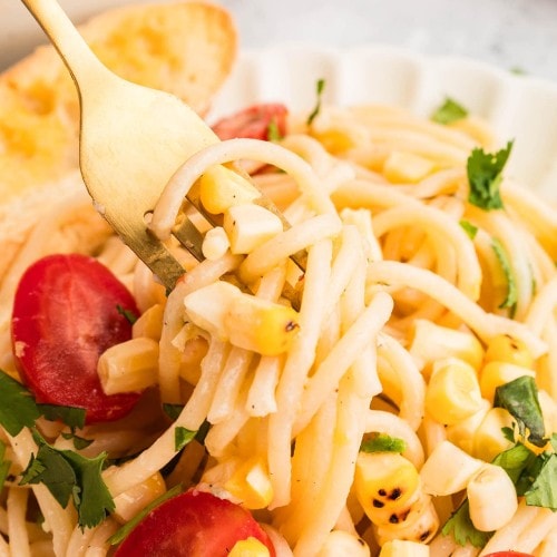 Closeup of a forkful of Summer Pasta.