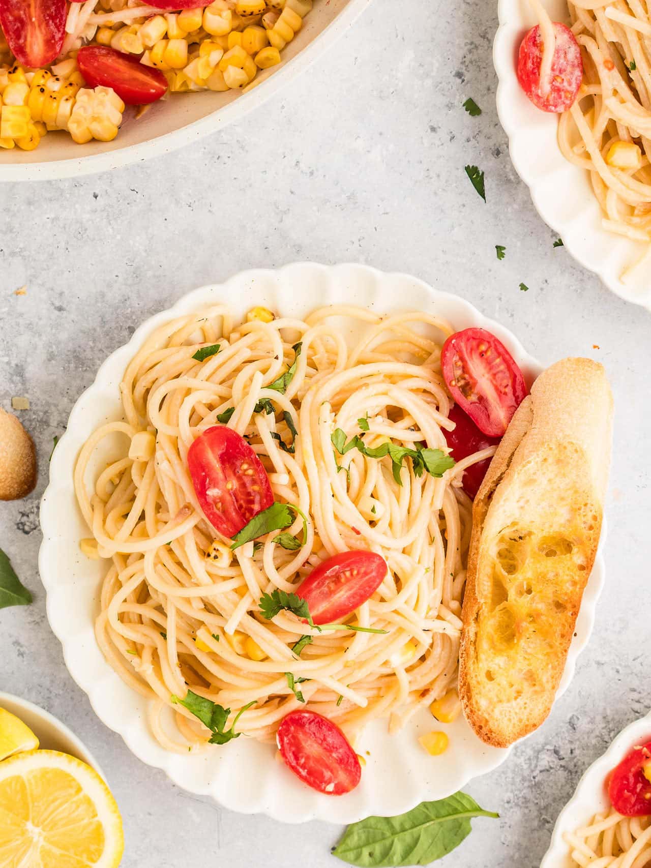Topdown view of Summer Pasta on a white plate.
