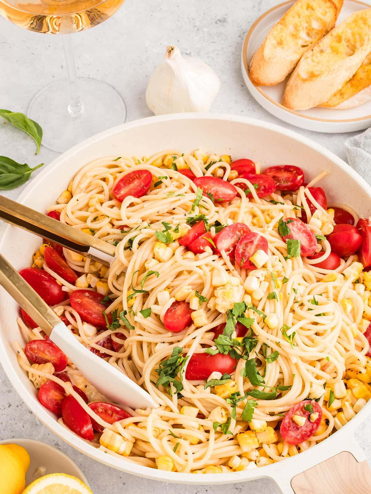 Closeup of a skillet filled with Summer Pasta.