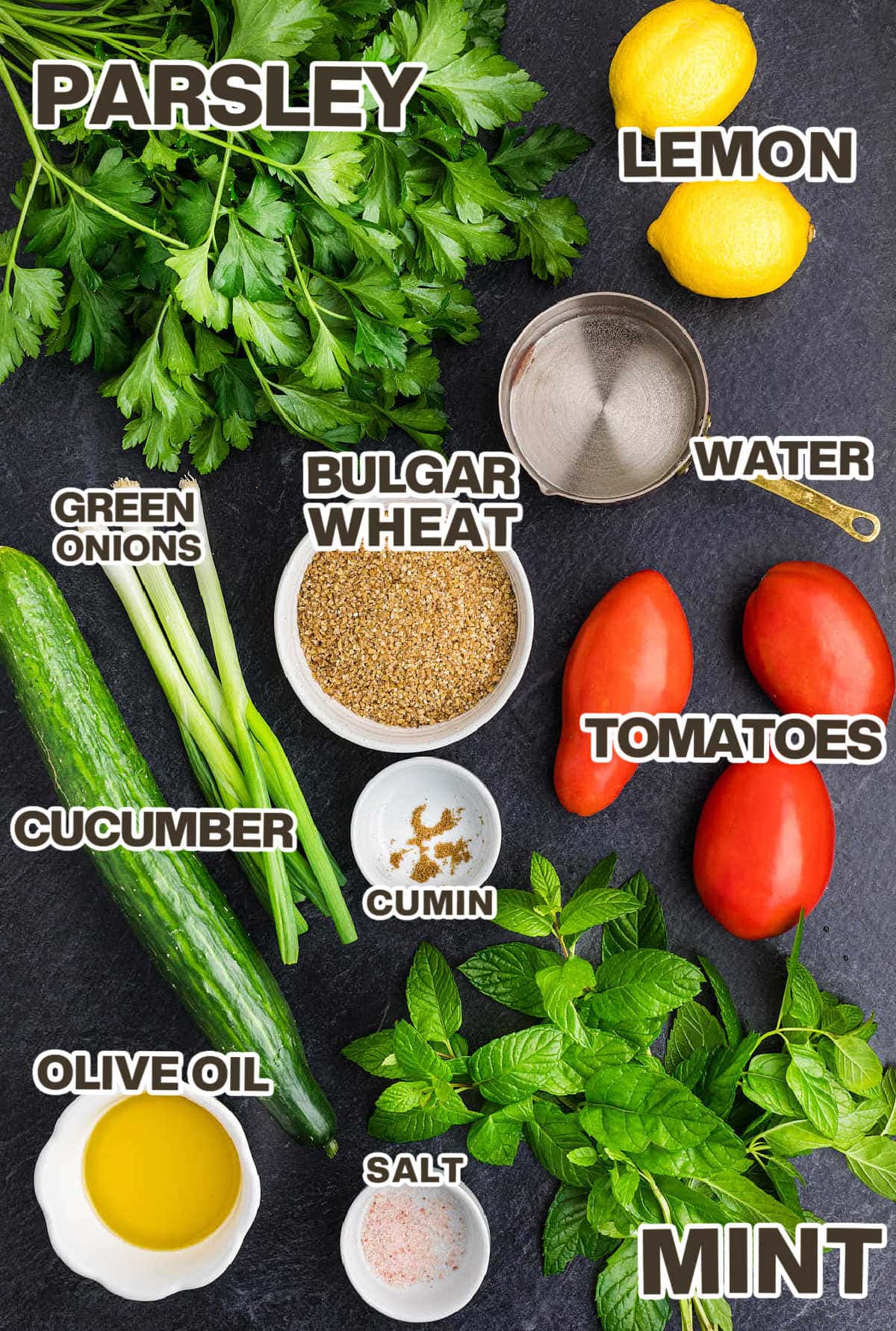 Ingredients needed to make a Tabouli Salad.