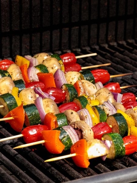 Veggie Kabobs on a grill.