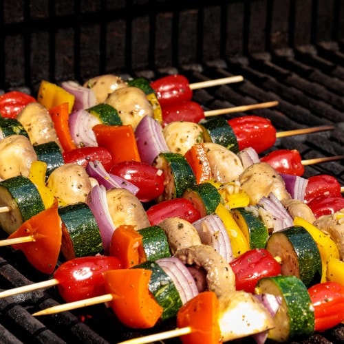 Veggie Kabobs on a grill.