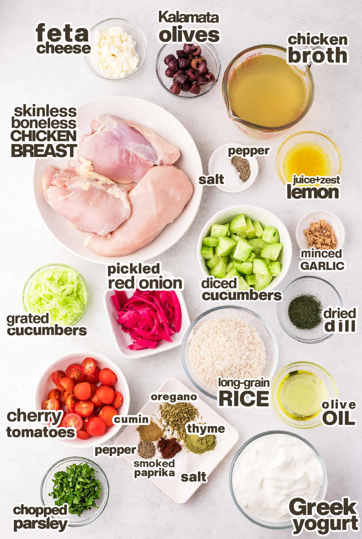 Ingredients needed to make Greek Chicken Bowls.