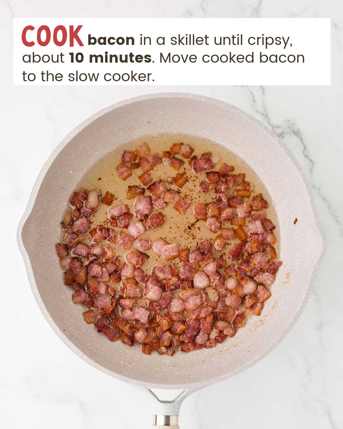 Diced bacon in a skillet. 