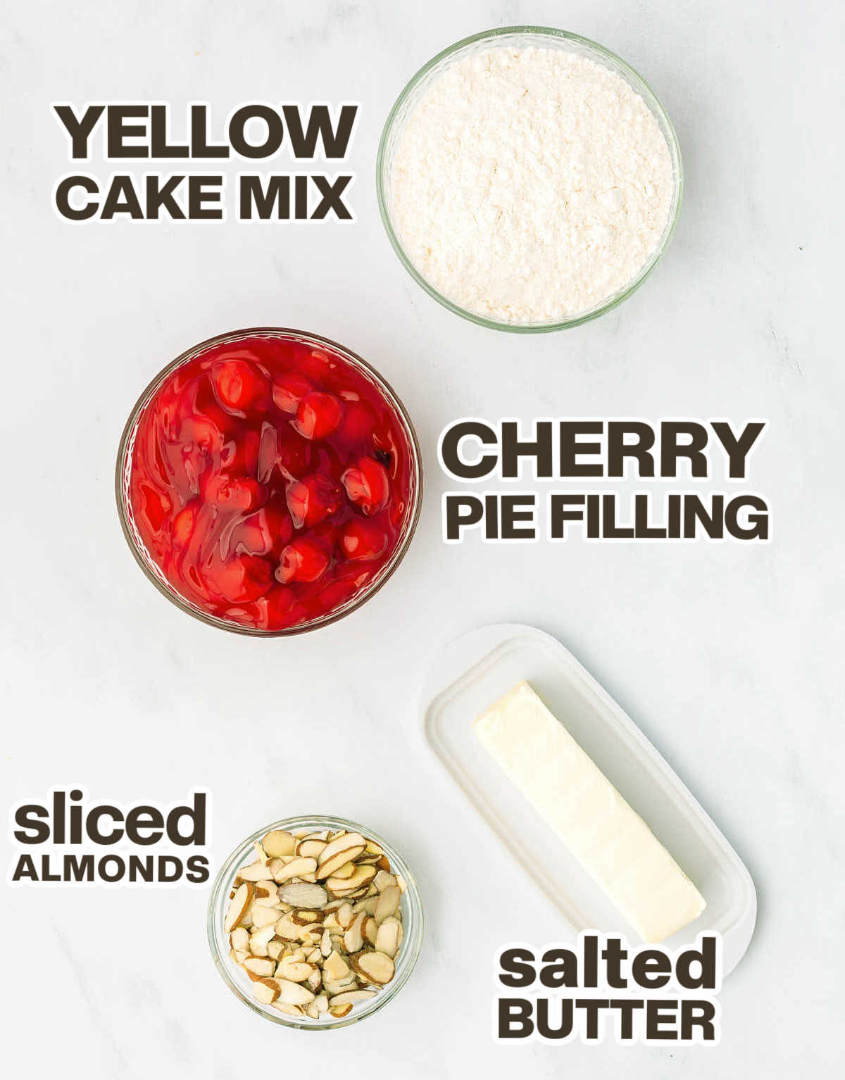 Ingredients needed to make a Crockpot Cherry Dump Cake.