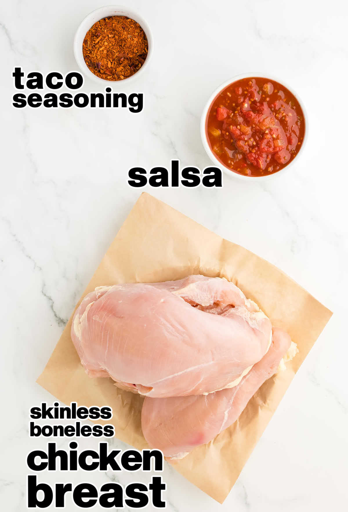 Ingredients needed to make Crockpot Salsa Chicken.