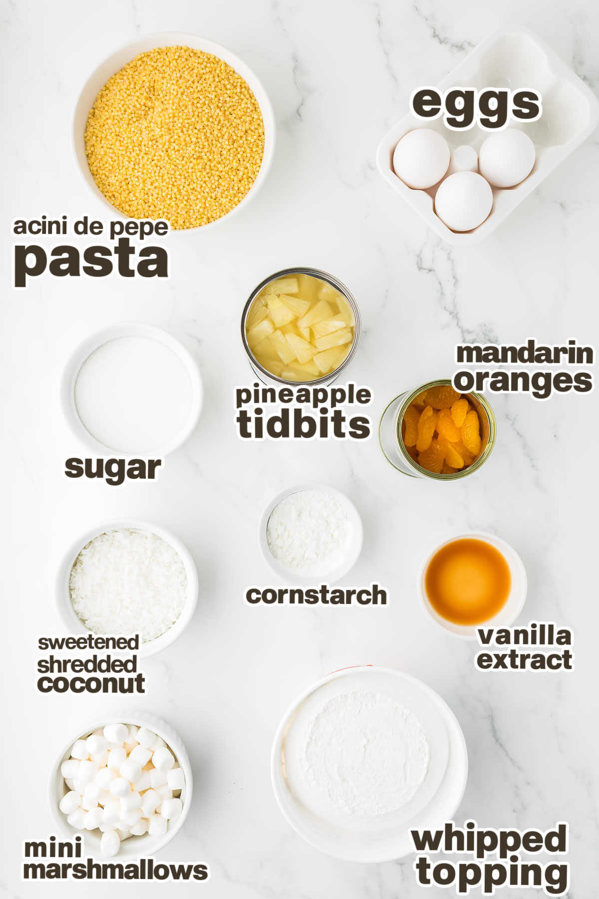 Ingredients needed to make a Frog Eye Salad.