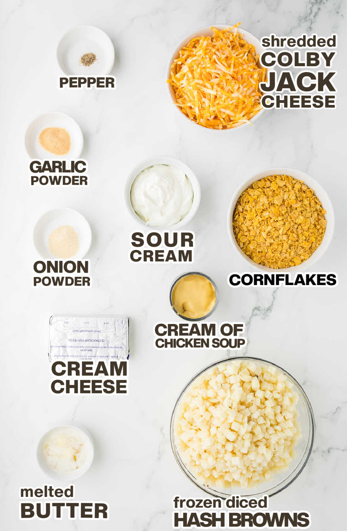 Ingredients needed to make Funeral Potatoes.