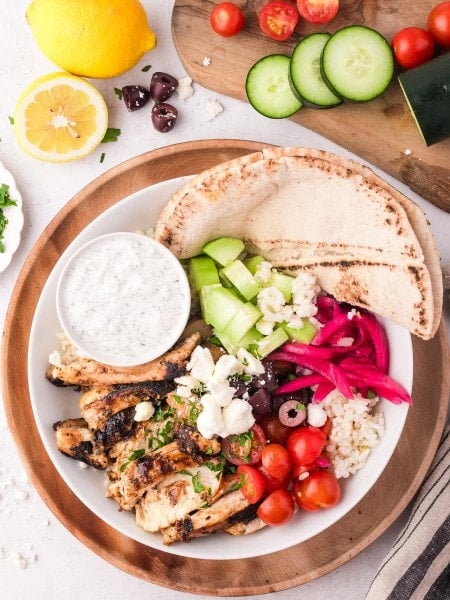 Topdown view of a Greek Chicken Bowls.