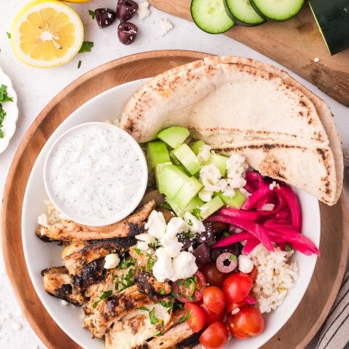 Topdown view of a Greek Chicken Bowls.