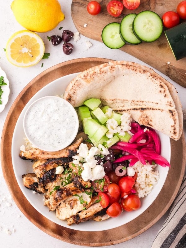 Topdown view of a Greek Chicken Bowls.