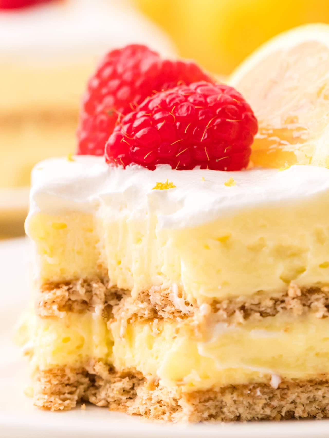 Closeup of a slice of Lemon Icebox Cake.