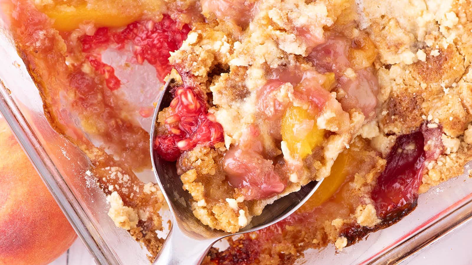 Peach Melba Dump Cake recipe by Cheerful Cook.