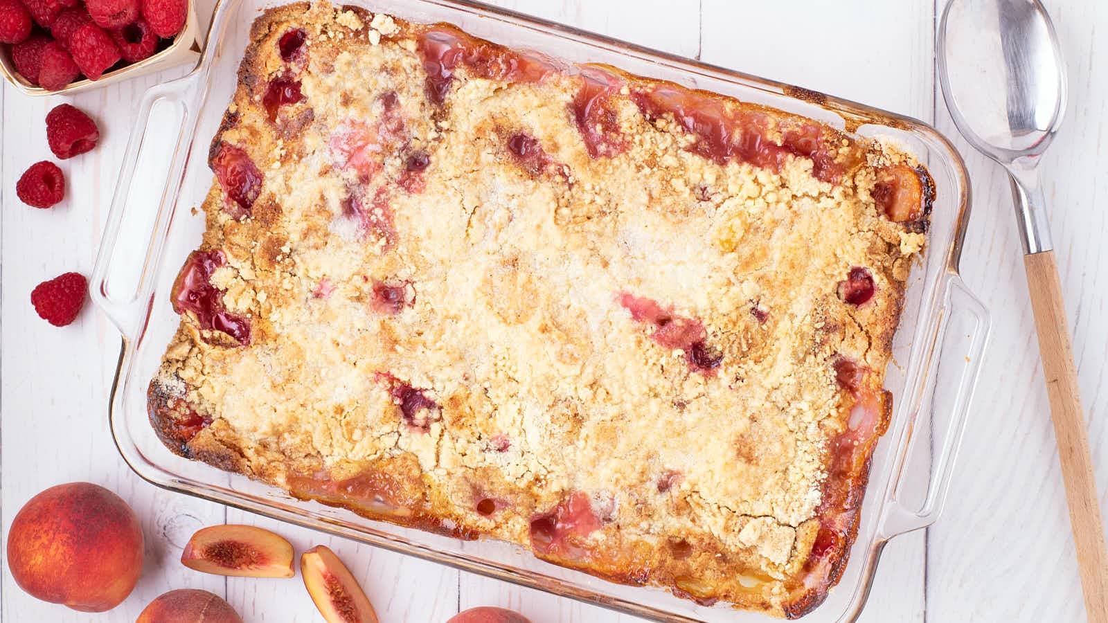 Peach Melba Dump Cake recipe by Cheerful Cook.