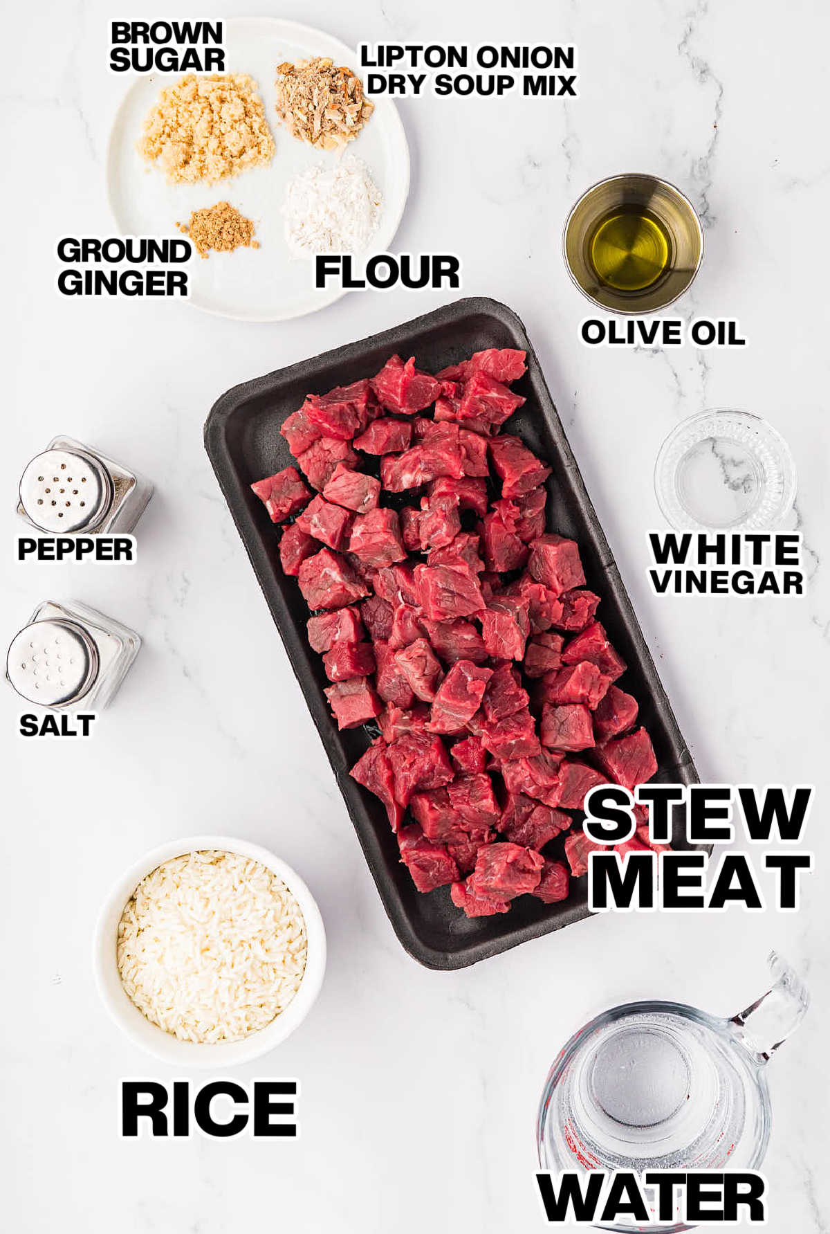 Ingredients needed to make a Steak Rice Bowl. 