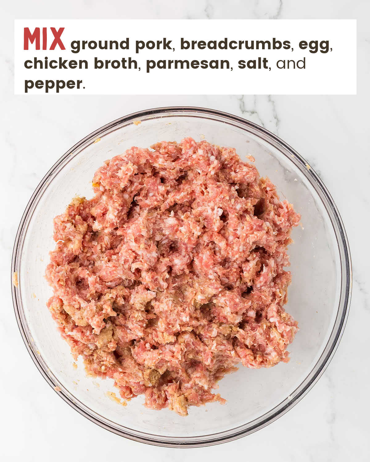 Ground pork mixture in a glass bowl. 