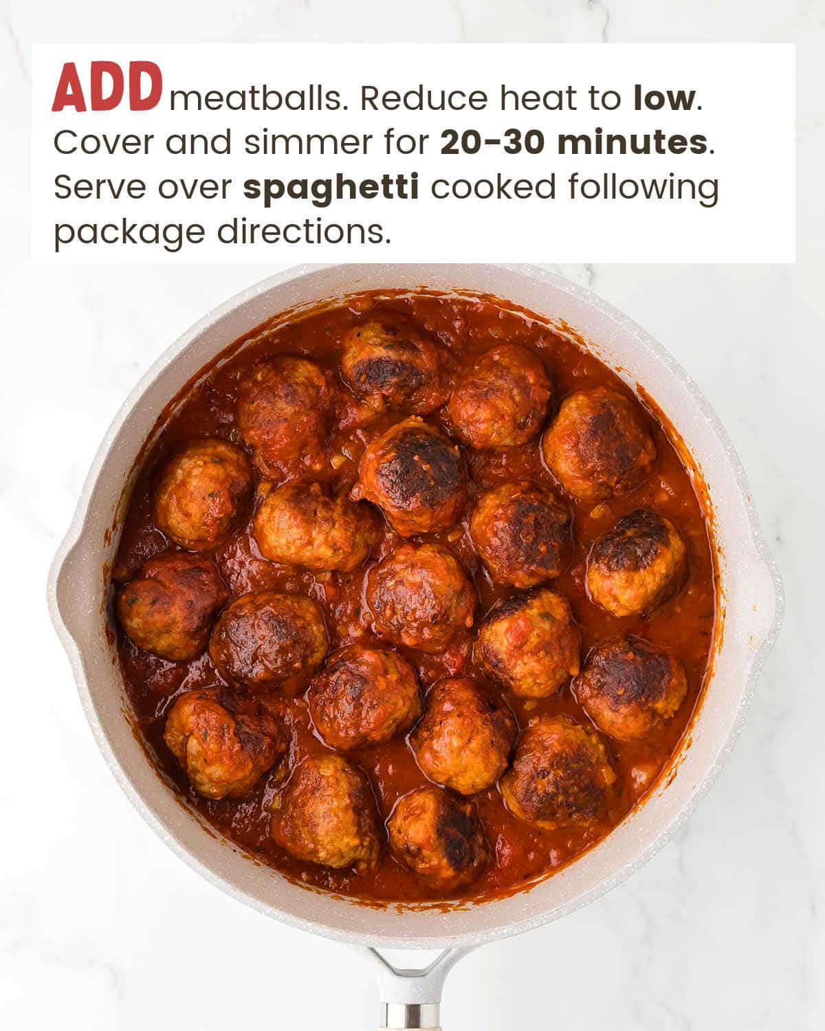Marina sauce and meatballs in a skillet.