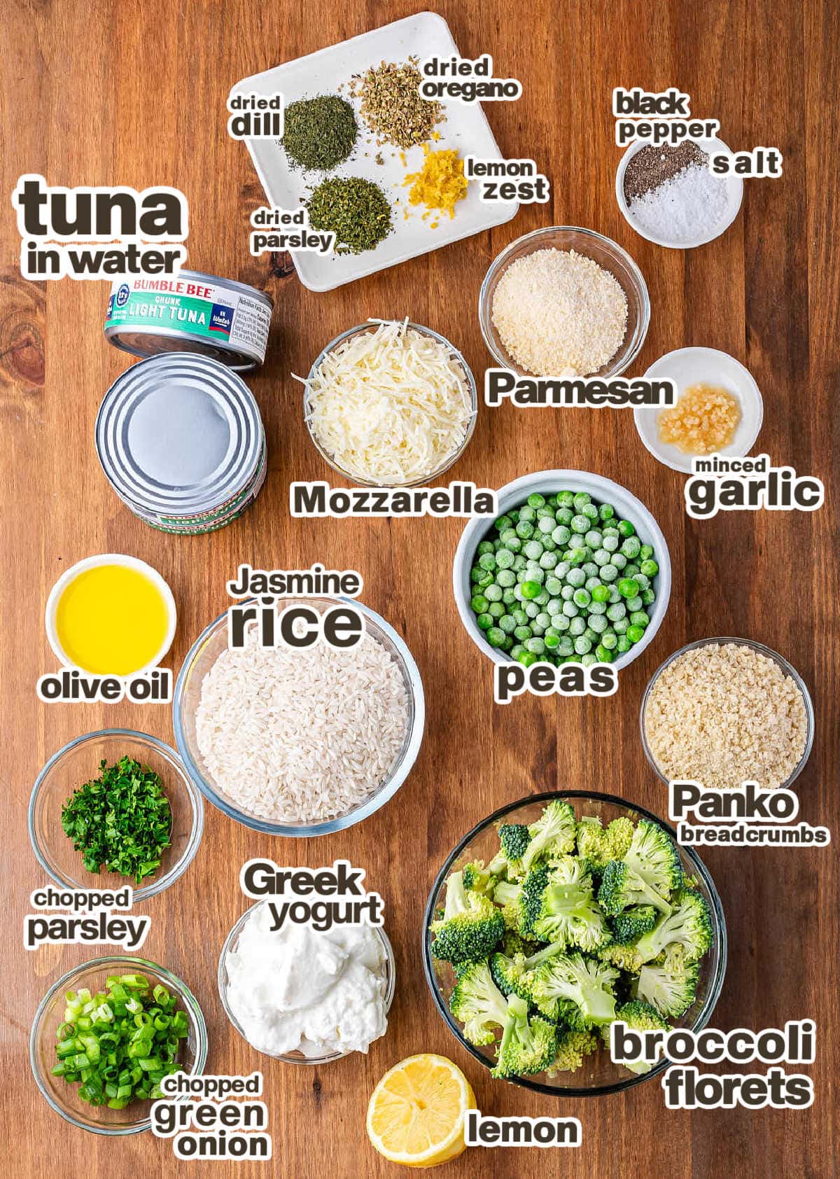 Ingredients needed to make a Tuna Rice Casserole. 