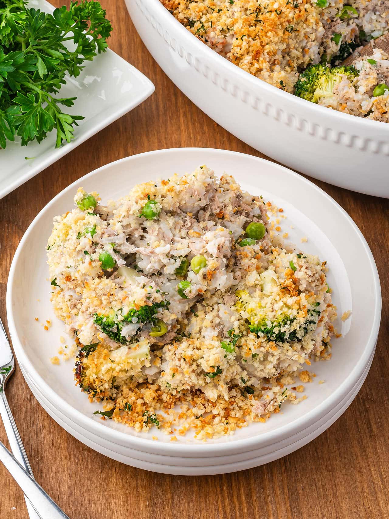 Tuna Rice Casserole on a white plate.
