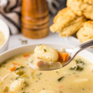 A spoonful of Chicken Gnocchi Soup.