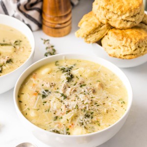 A bowl Chicken Gnocchi Soup.