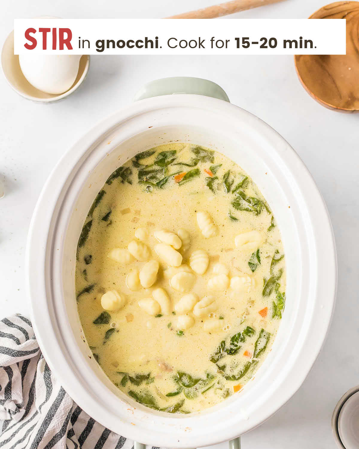 Chicken gnocchi soup in a large slow cooker.