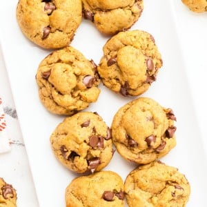 Chocolate Chip Pumpkin Cookies on a white serving plate.