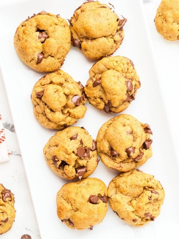 Chocolate Chip Pumpkin Cookies on a white serving plate.