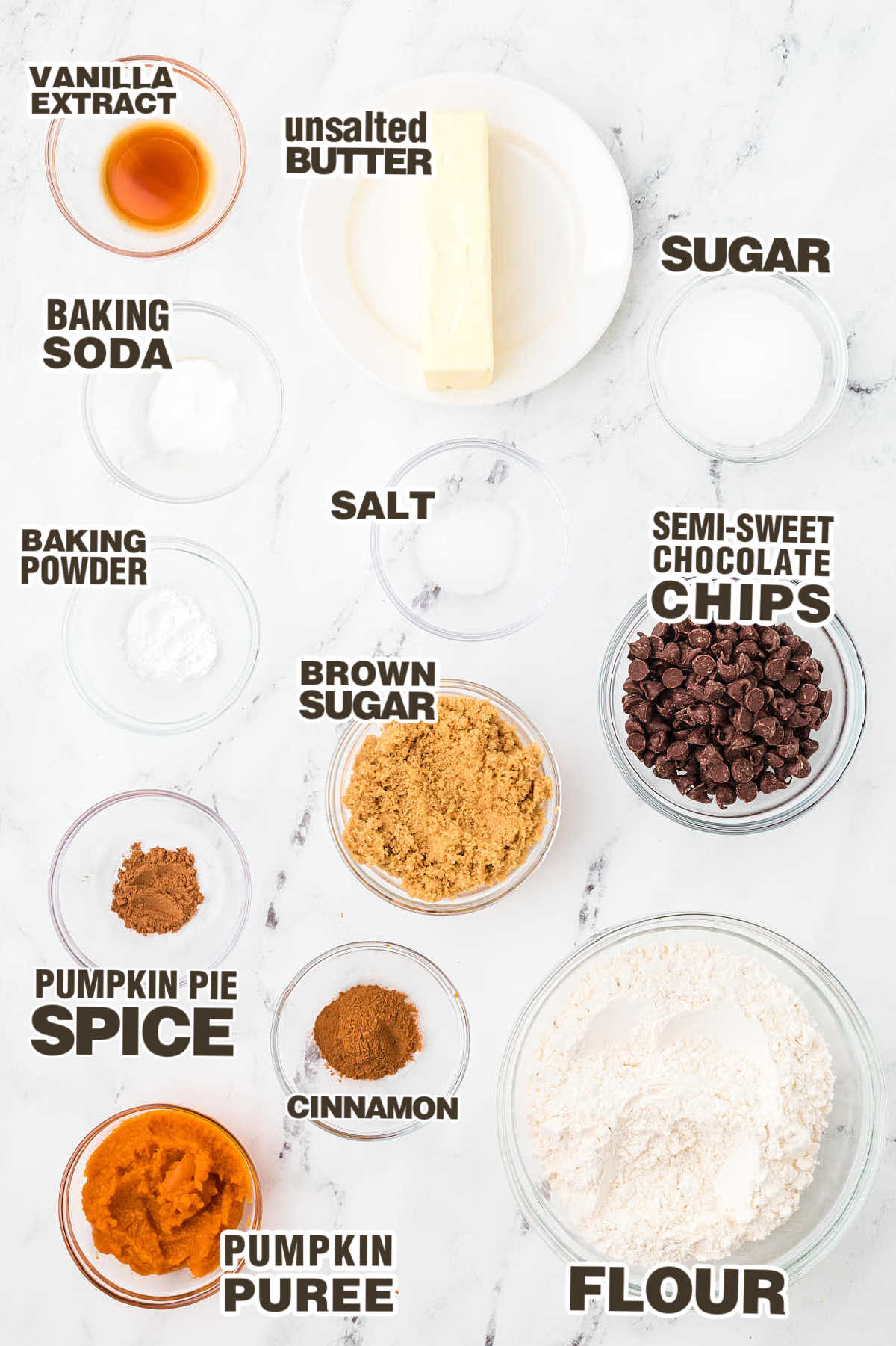 Ingredients needed to make Chocolate Chip Pumpkin Cookies.