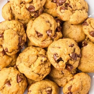Chocolate Chip Pumpkin Cookies on a white plate.