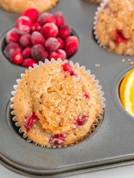 Closeup of Cranberry Orange Muffins in a muffin tin.