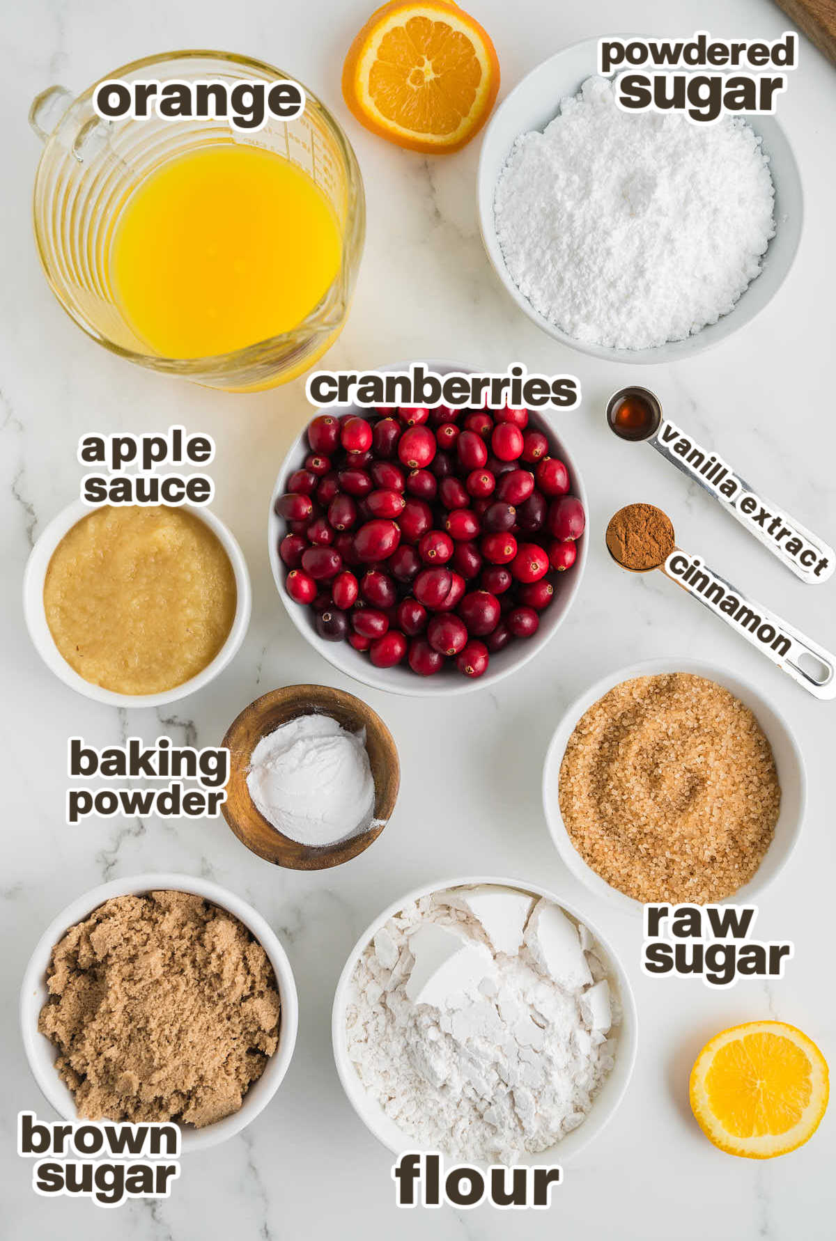 Ingredients needed to make Cranberry Orange Muffins.