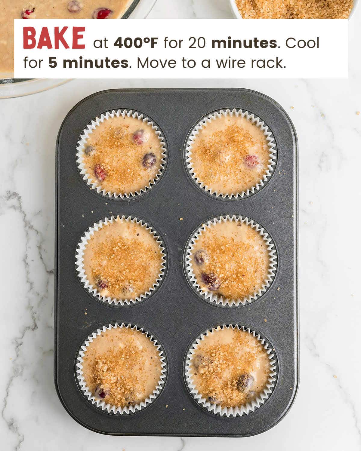 Baked cranberry orange muffins in muffin cups in a muffin tin.