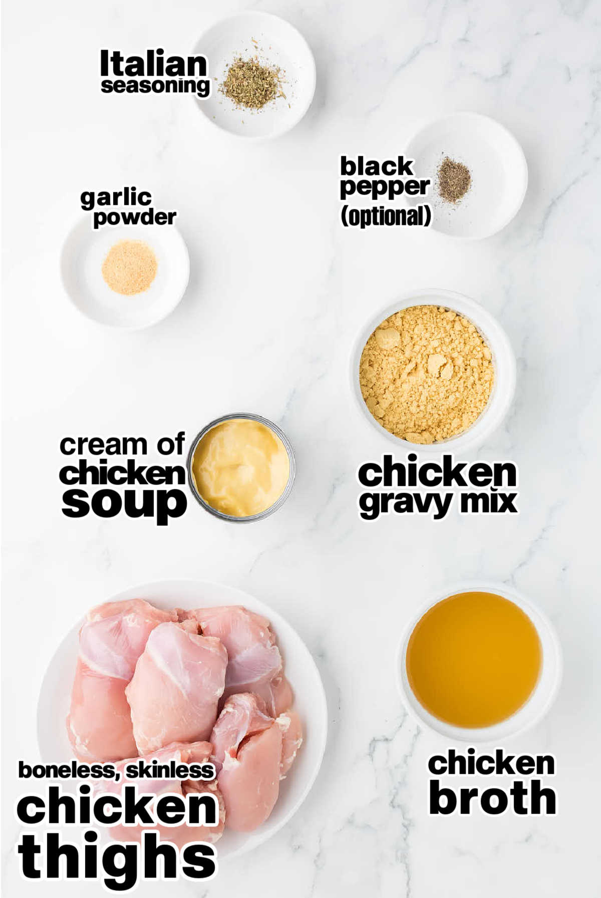 Ingredients needed to make Chicken and Gravy in the Crockpot.