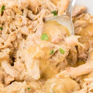 A spoon removing Chicken and Gravy in a Crockpot.