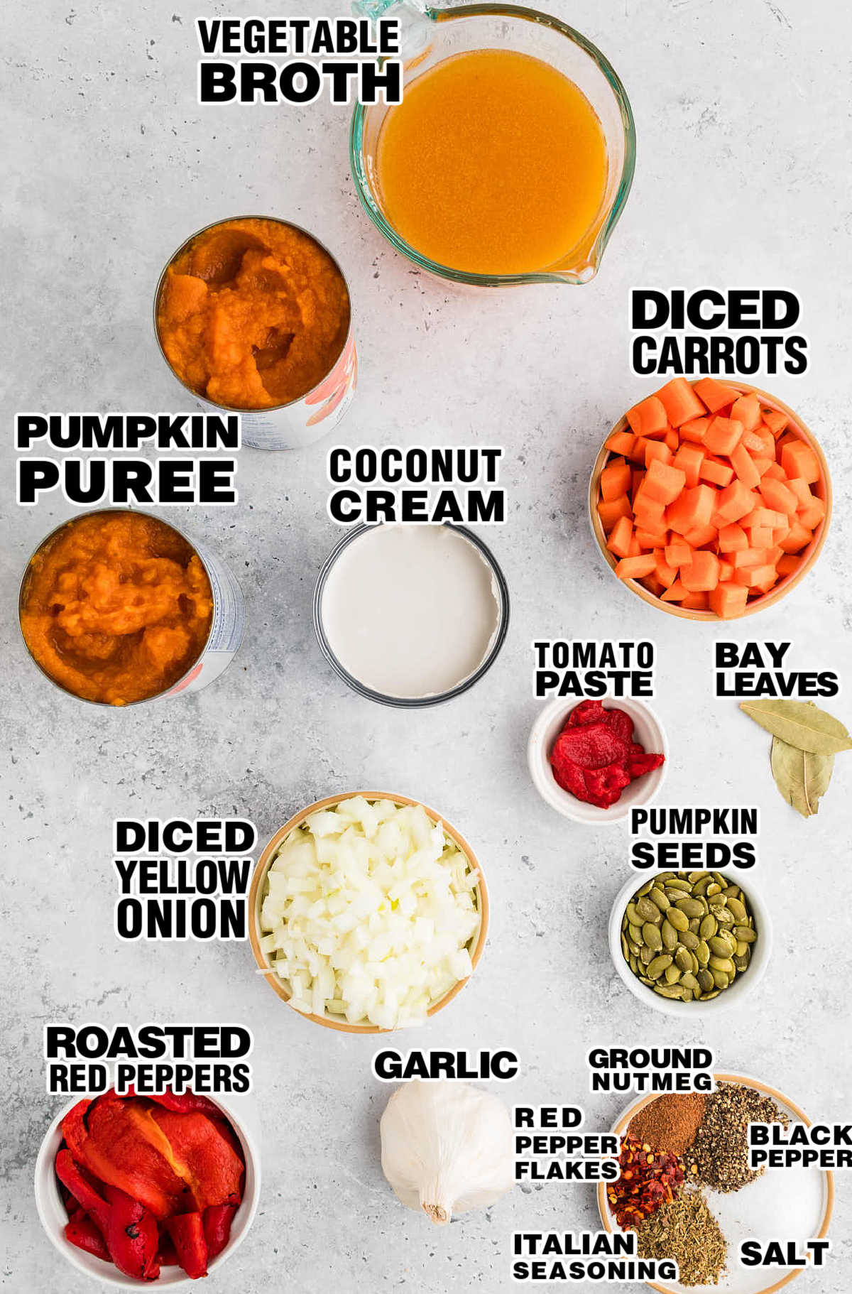 Ingredients needed to make a Crockpot Pumpkin Soup.