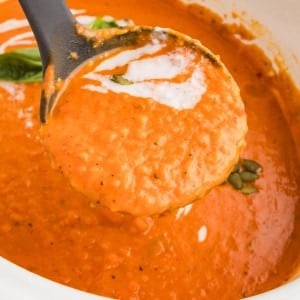 A ladle full of Pumpkin Soup made in the Crockpot.