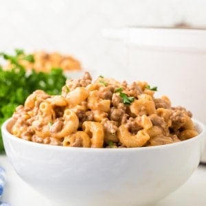 Hamburger Helper served in a white bowl.