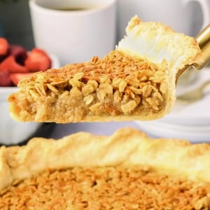 A slice of an Oatmeal Pie on a cake lifter.