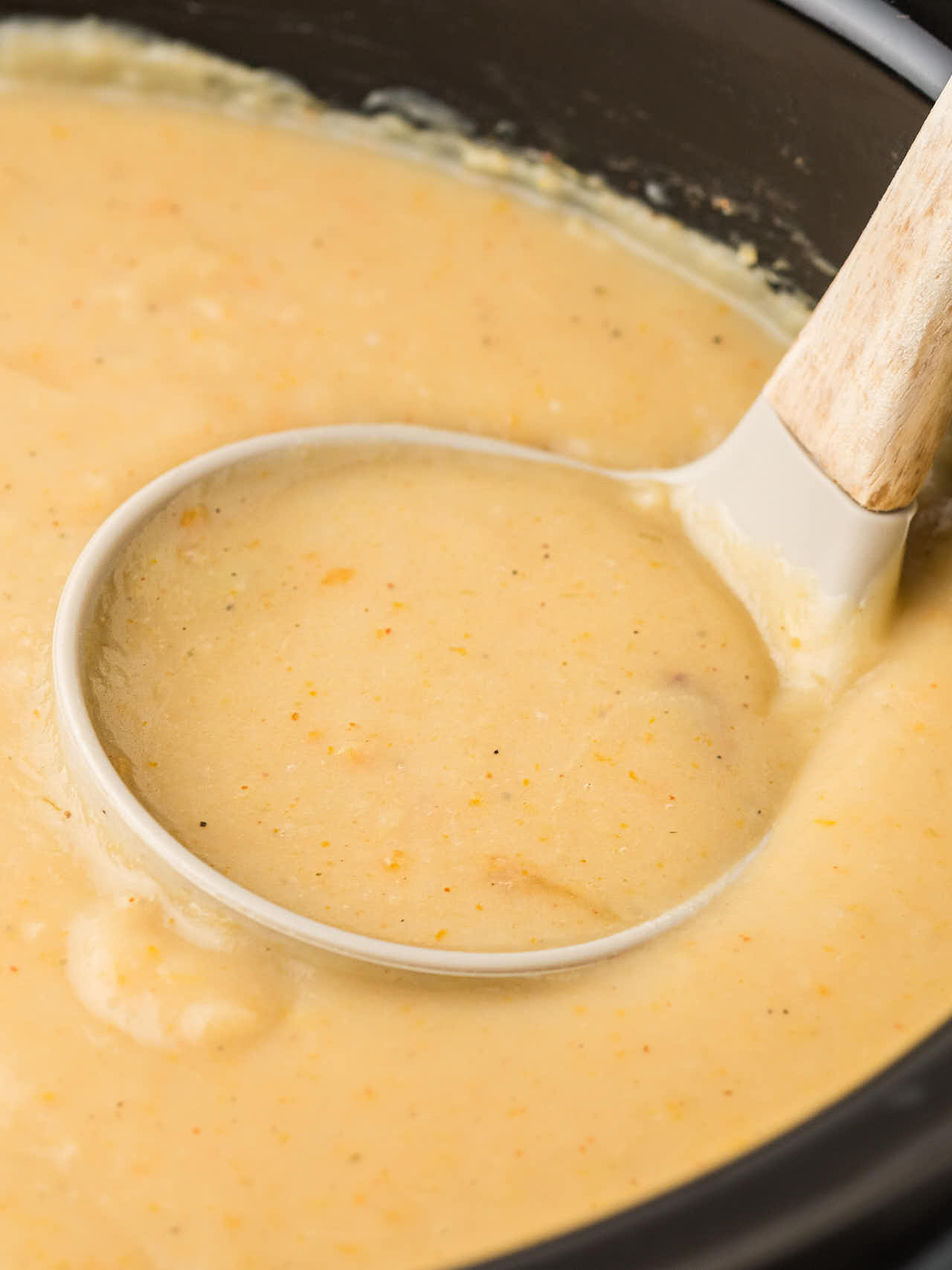 A ladle in a Crockpot scooping out Potato Leek Soup.