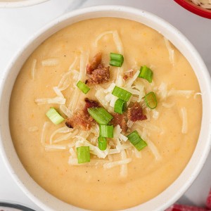 Potato Leek Soup in a white bowl.
