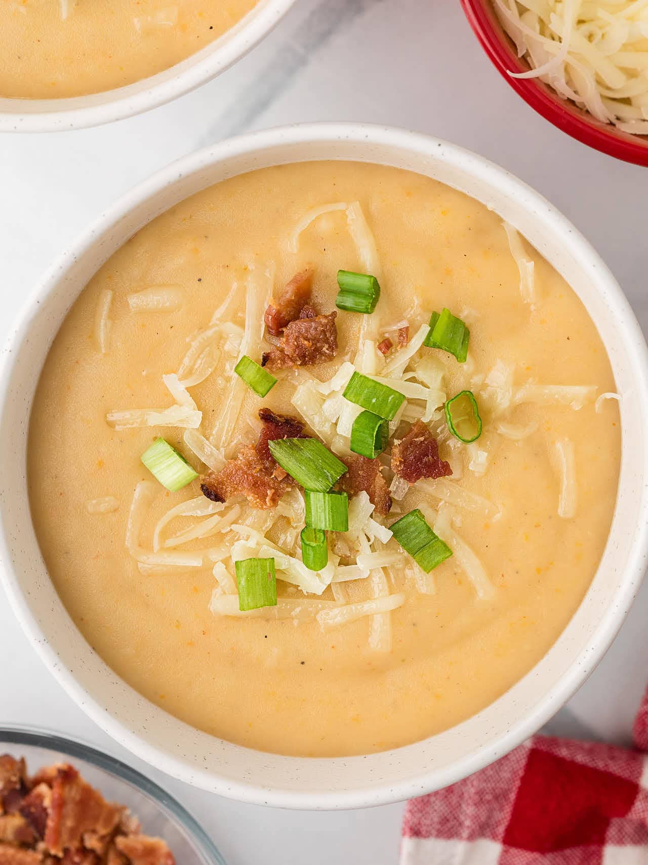 Potato Leek Soup in a white bowl.