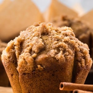 Closeup of a a Pumpkin Muffin with a streusel topping.
