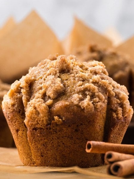 Closeup of a a Pumpkin Muffin with a streusel topping.