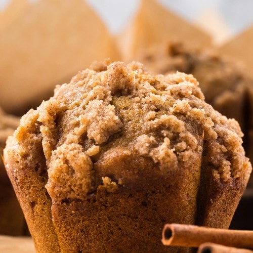Closeup of a a Pumpkin Muffin with a streusel topping.
